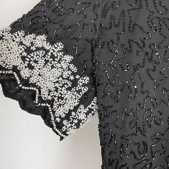Vtg Beaded Top Blouse Silk Black Black Dressy Party Formal 1X - Picture 5 of 7